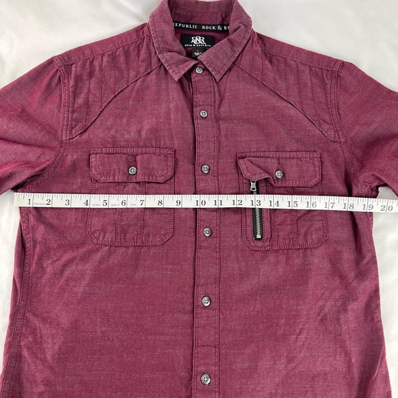 Rock & Republic Men's Small Button Shirt Short Sleeve Maroon Front Pocket Zip - Picture 4 of 9